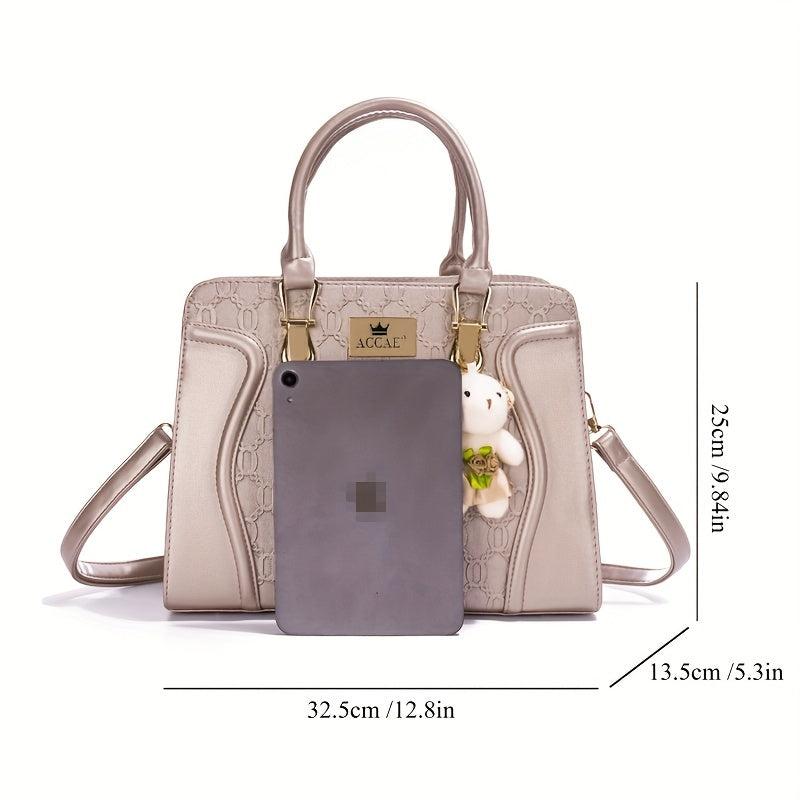 4 Pcs Geometric Pattern Bag Set Quilted Tote Bag With Purses Bear Pendant