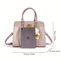 4 Pcs Geometric Pattern Bag Set Quilted Tote Bag With Purses Bear Pendant