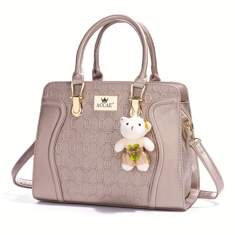 4 Pcs Geometric Pattern Bag Set Quilted Tote Bag With Purses Bear Pendant