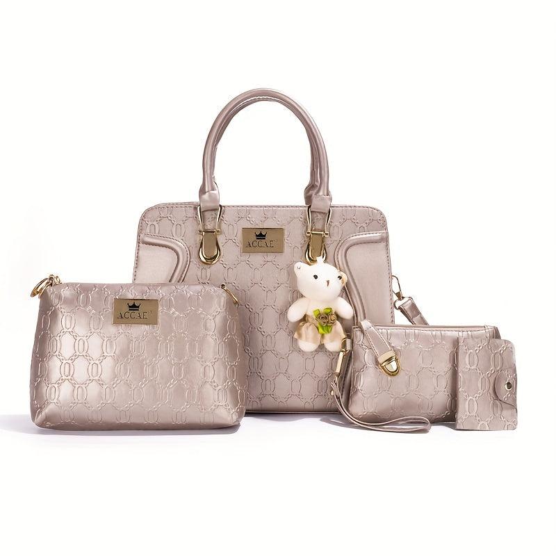 4 Pcs Geometric Pattern Bag Set Quilted Tote Bag With Purses Bear Pendant
