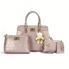 4 Pcs Geometric Pattern Bag Set Quilted Tote Bag With Purses Bear Pendant