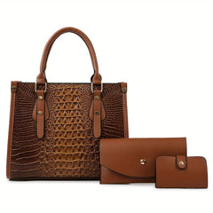 3PCS Crocodile Pattern Tote Purse Set Faux Leather Handbag and Wallet