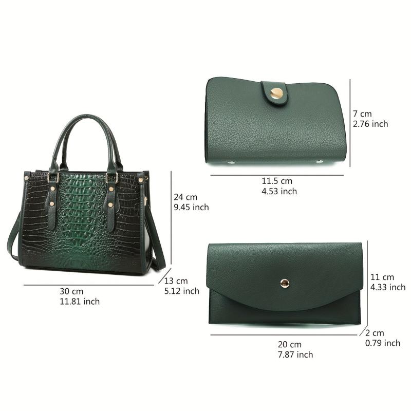 3PCS Crocodile Pattern Tote Purse Set Faux Leather Handbag and Wallet