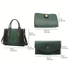 3PCS Crocodile Pattern Tote Purse Set Faux Leather Handbag and Wallet