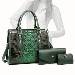 3PCS Crocodile Pattern Tote Purse Set Faux Leather Handbag and Wallet