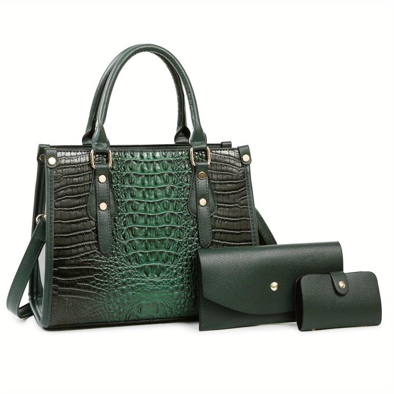 3PCS Crocodile Pattern Tote Purse Set Faux Leather Handbag and Wallet