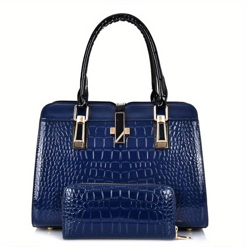 Crocodile Pattern Handbag Tote Bag with Wallet Set