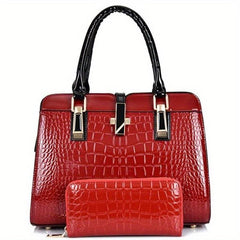 Crocodile Pattern Handbag Tote Bag with Wallet Set