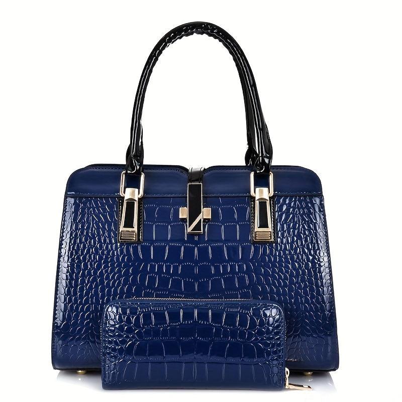 Crocodile Pattern Handbag Tote Bag with Wallet Set
