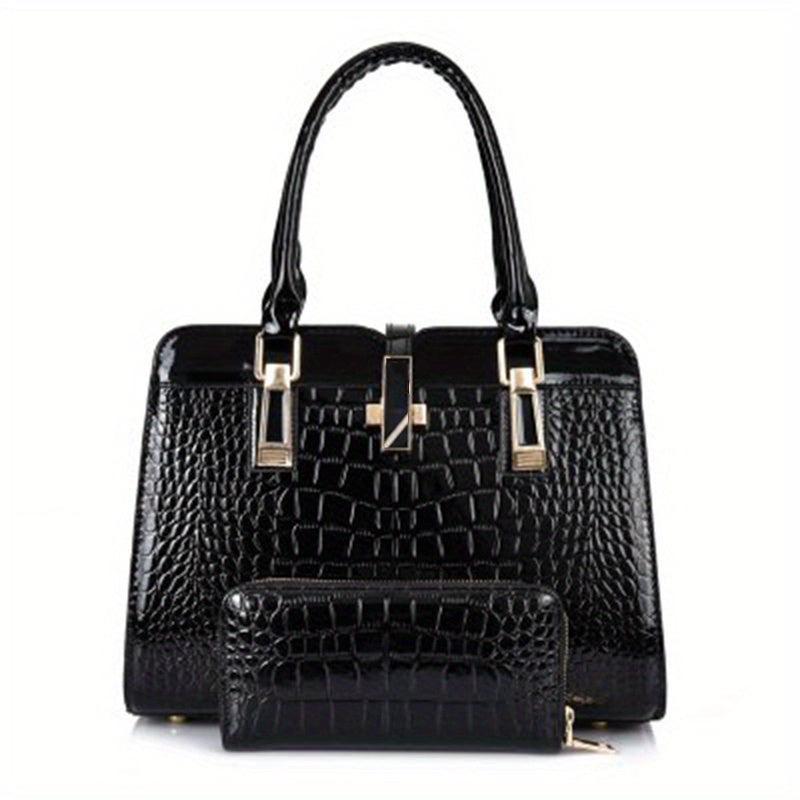 Crocodile Pattern Handbag Tote Bag with Wallet Set