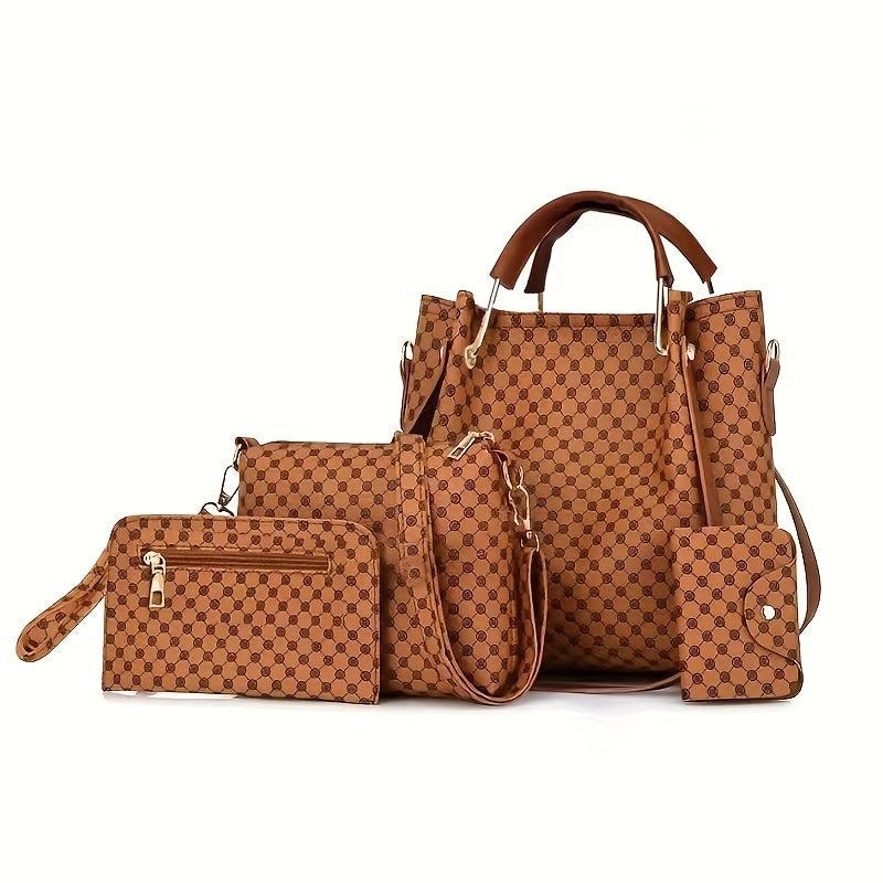 4pcs Vintage Tote Bag Shoulder Bag Set PU Leather Textured Commuter Bag