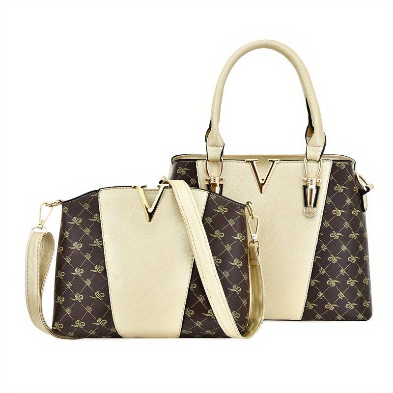 2Pcs Print Handbags Set Women's Faux Leather Satchel Purse