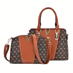 2Pcs Print Handbags Set Women's Faux Leather Satchel Purse