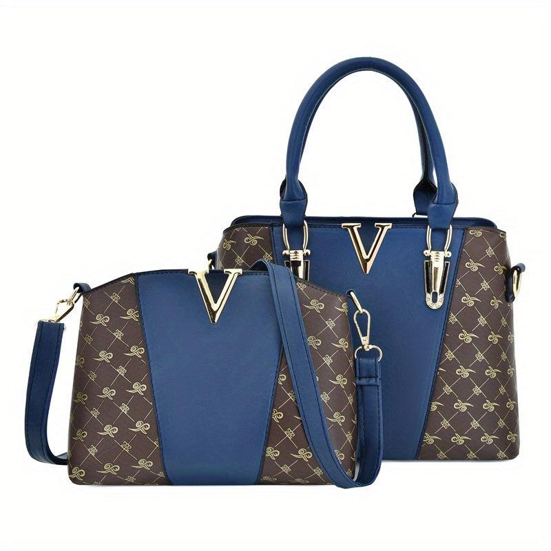 2Pcs Print Handbags Set Women's Faux Leather Satchel Purse