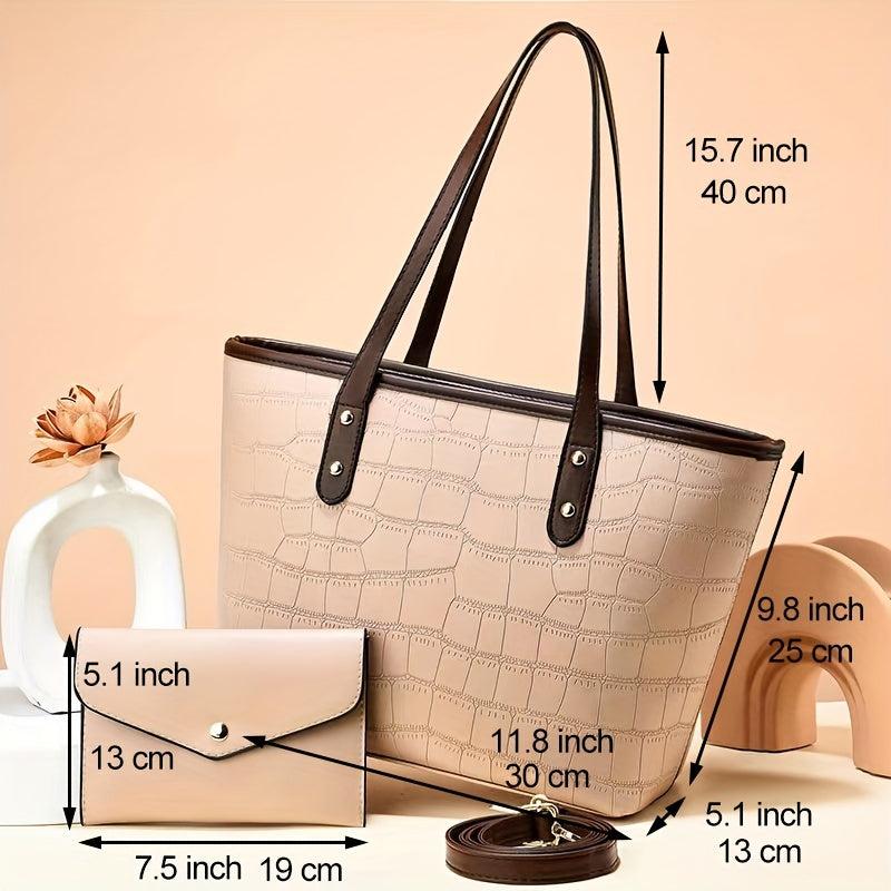 Crocodile Embossed Tote Bag Set with Clutch Purse