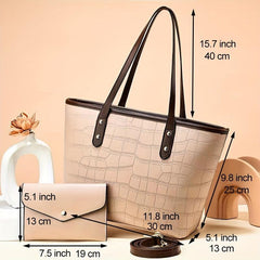 Crocodile Embossed Tote Bag Set with Clutch Purse