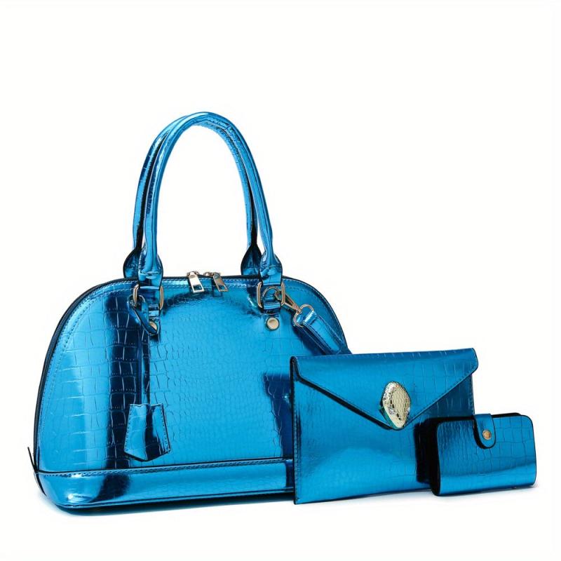 3Pcs Neon Crocodile Embossed Handbags Set with Clutch Purse & Card Holder