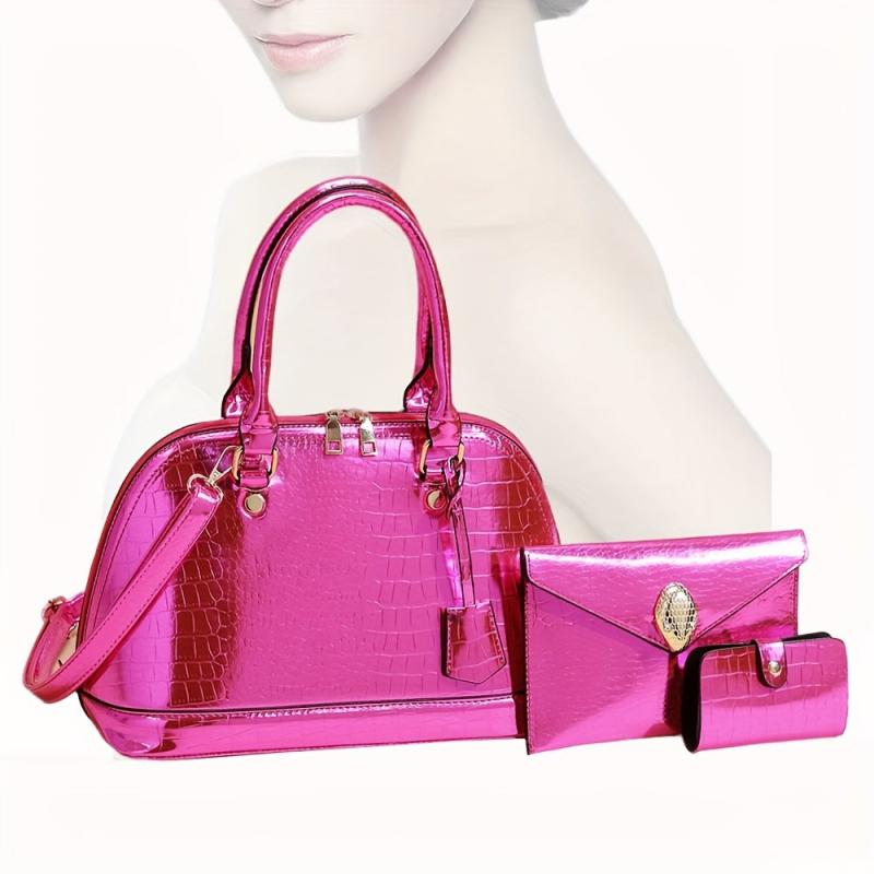 3Pcs Neon Crocodile Embossed Handbags Set with Clutch Purse & Card Holder