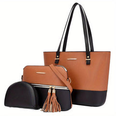 3Pcs Colorblock Tote Bag Set with Tassel Decor Crossbody Bag