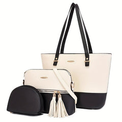 3Pcs Colorblock Tote Bag Set with Tassel Decor Crossbody Bag