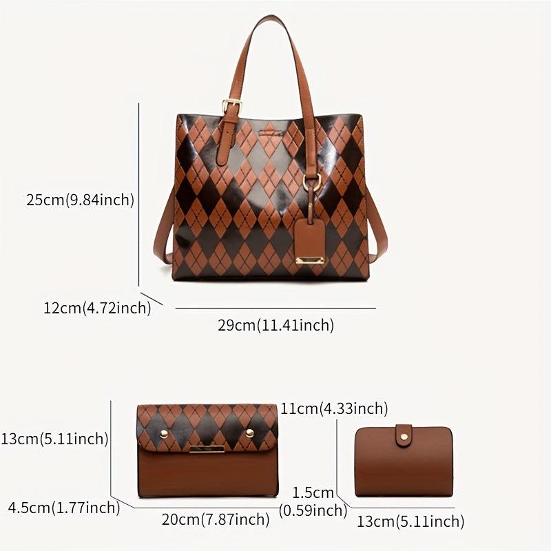 3pcs Argyle Embossed Tote Bag Set Women's Shoulder Bag Handbag