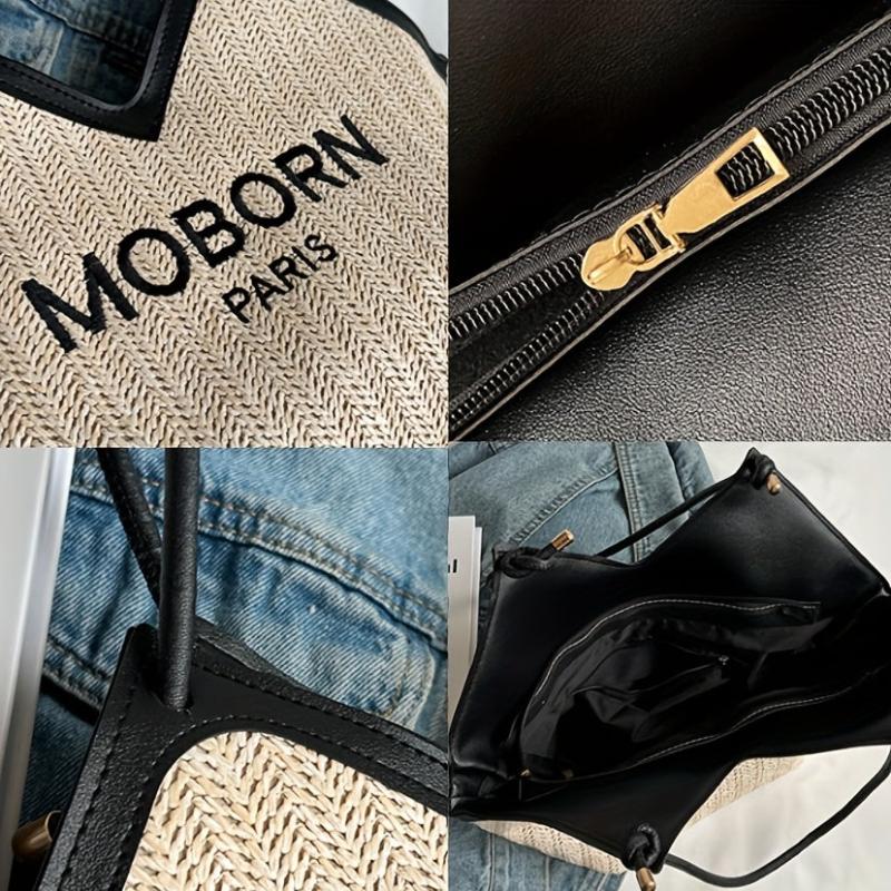 Embroidered Tote Bag Shoulder Bag with Fixed Straps