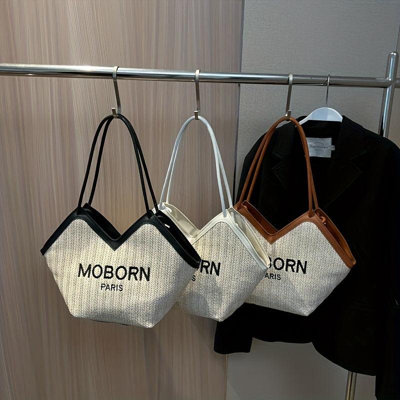 Embroidered Tote Bag Shoulder Bag with Fixed Straps
