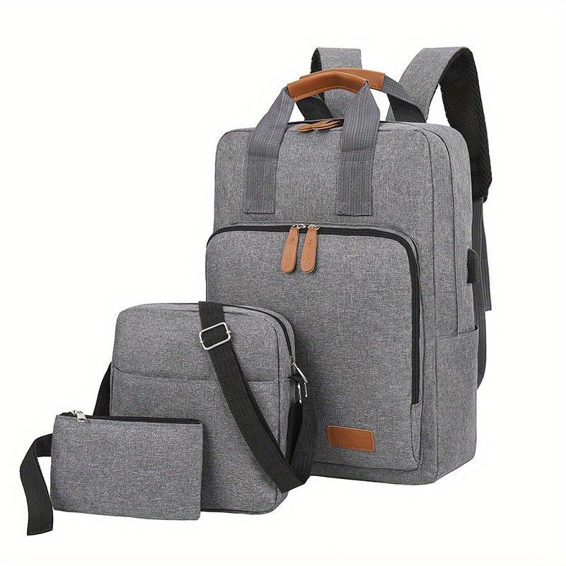 3 Pcs Solid Bag Sets Preppy Backpack & Crossbody Square Bag & Clutch Pouch
