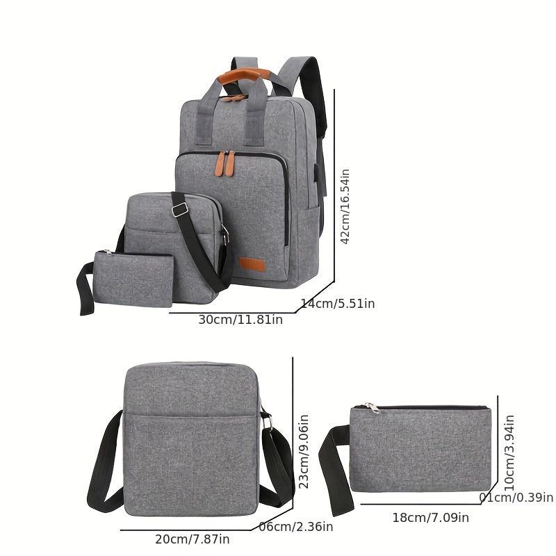3 Pcs Solid Bag Sets Preppy Backpack & Crossbody Square Bag & Clutch Pouch