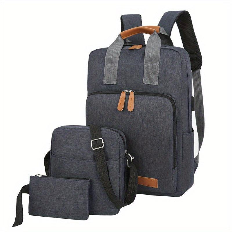 3 Pcs Solid Bag Sets Preppy Backpack & Crossbody Square Bag & Clutch Pouch