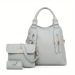 3Pcs Solid Handbag Set Satchel Purse + Crossbody Bag & Card Holder