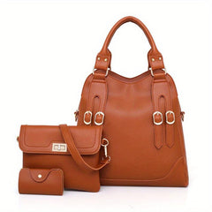 3Pcs Solid Handbag Set Satchel Purse + Crossbody Bag & Card Holder
