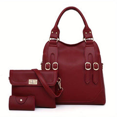 3Pcs Solid Handbag Set Satchel Purse + Crossbody Bag & Card Holder