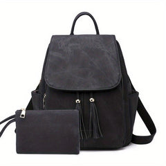 2pcs Tassel Backpack Clutch Set PU Leather School Travel Bag
