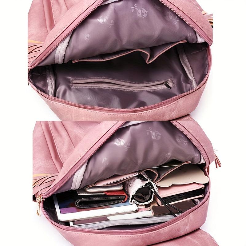 2pcs Tassel Backpack Clutch Set PU Leather School Travel Bag