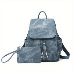 2pcs Tassel Backpack Clutch Set PU Leather School Travel Bag