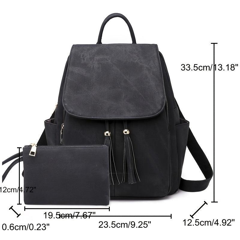2pcs Tassel Backpack Clutch Set PU Leather School Travel Bag