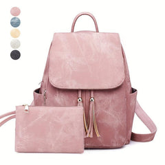 2pcs Tassel Backpack Clutch Set PU Leather School Travel Bag