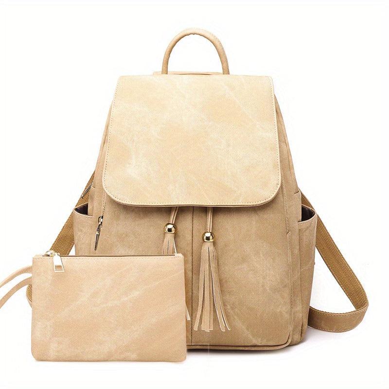 2pcs Tassel Backpack Clutch Set PU Leather School Travel Bag