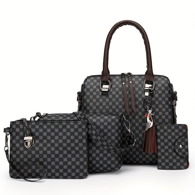 4pcs Polka Dot Tote Bag Set w/ Tassel Decor Handbag Crossbody Bag Clutch Purse