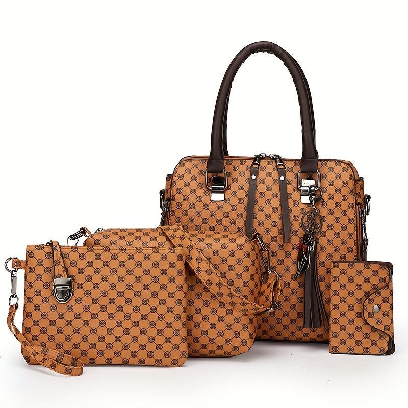 4pcs Polka Dot Tote Bag Set w/ Tassel Decor Handbag Crossbody Bag Clutch Purse