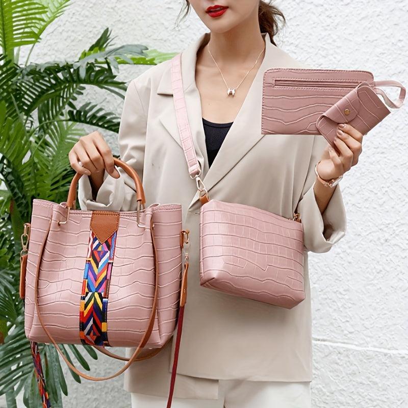 Crocodile Embossed Bag Set with Crossbody Bag & Clutch Purse