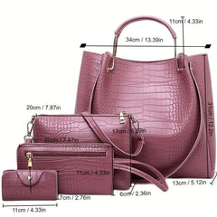 Crocodile Embossed Bag Set Tote with Shoulder Bag & Purses