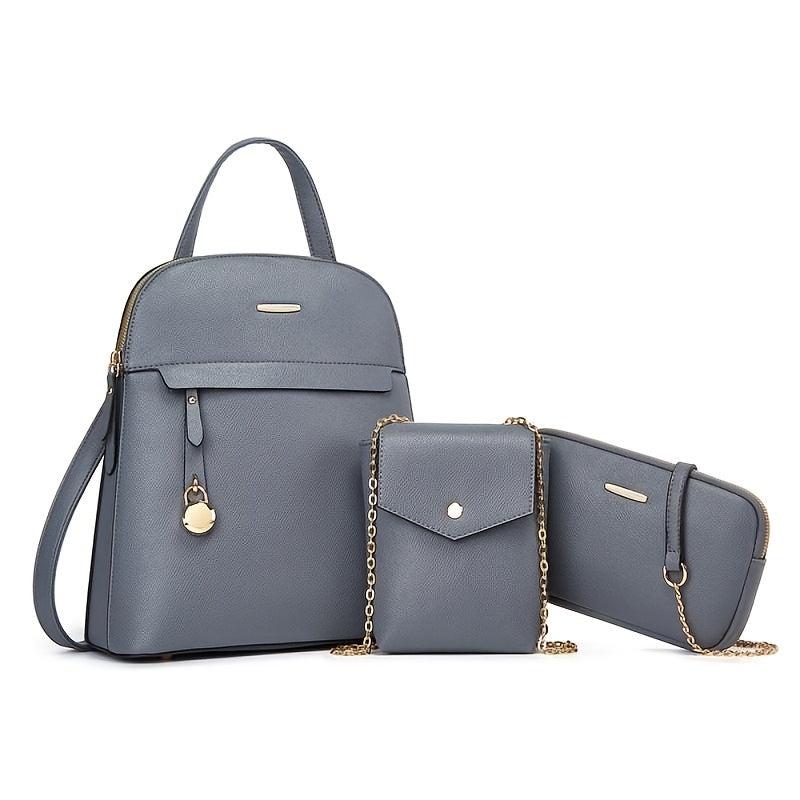 3pcs Women's Hand Backpack Set Zipper Bookbag & Crossbody Bag & Small Chain Shou
