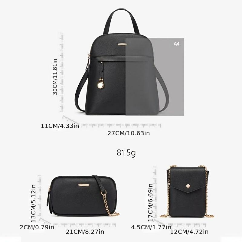 3pcs Women's Hand Backpack Set Zipper Bookbag & Crossbody Bag & Small Chain Shou