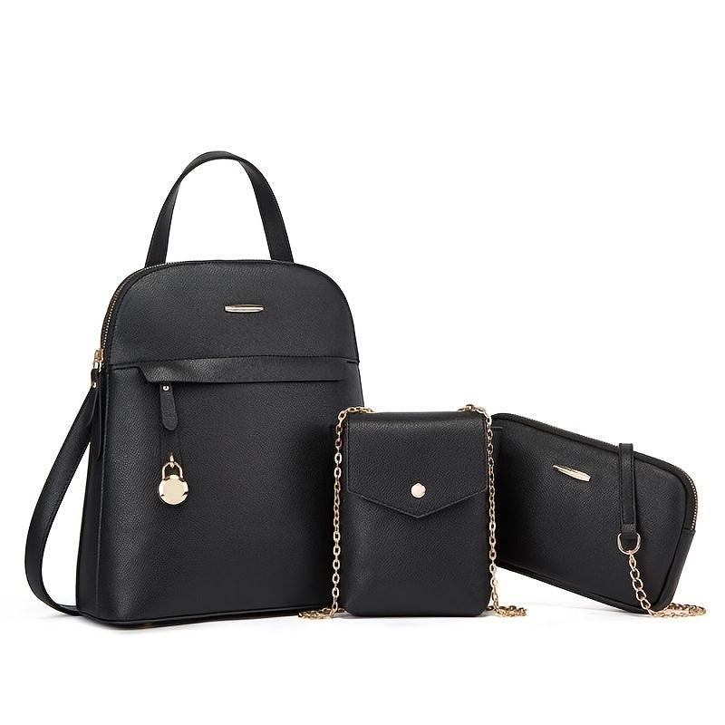 3pcs Women's Hand Backpack Set Zipper Bookbag & Crossbody Bag & Small Chain Shou