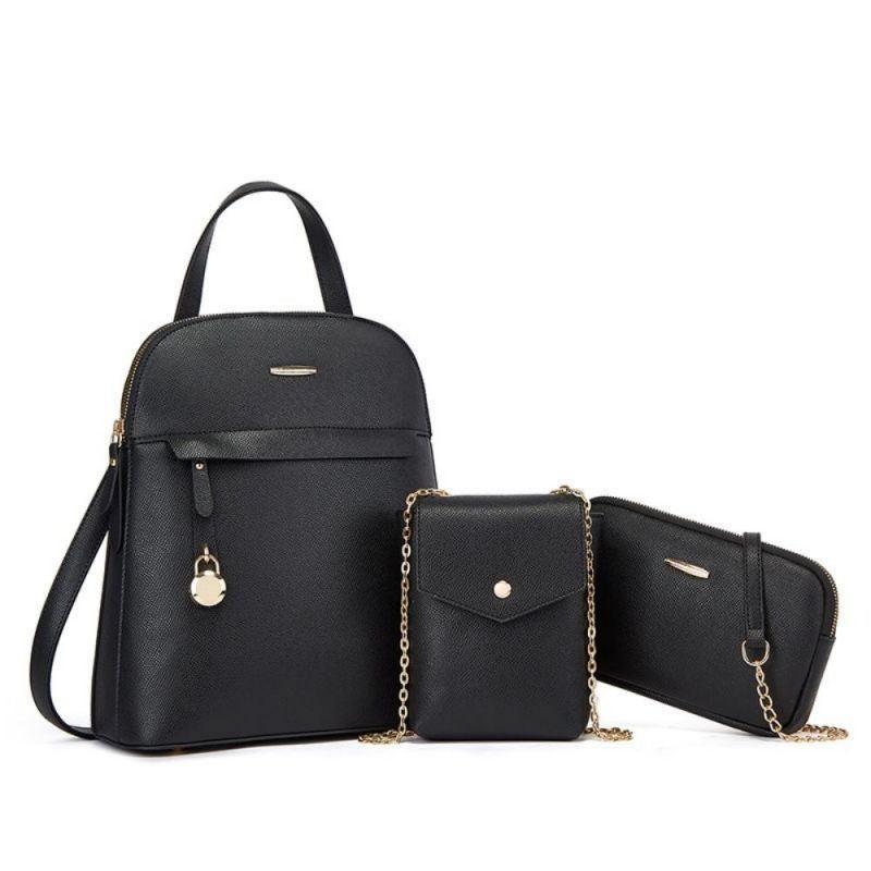3pcs Women's Hand Backpack Set Zipper Bookbag & Crossbody Bag & Small Chain Shou