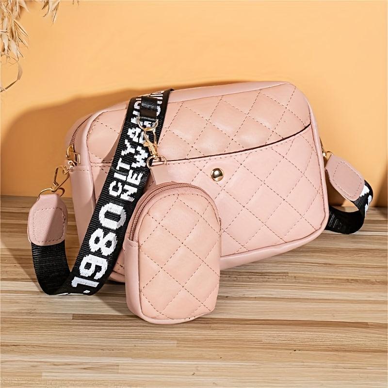 2Pcs Argyle Quilted Bag Set Shoulder Bag & Coin Purse