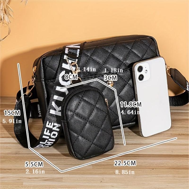 2Pcs Argyle Quilted Bag Set Shoulder Bag & Coin Purse