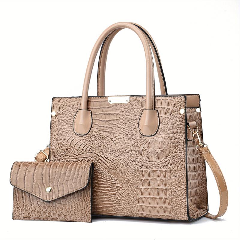 Crocodile Pattern Handbag Set - Stylish Tote Bag With Clutch